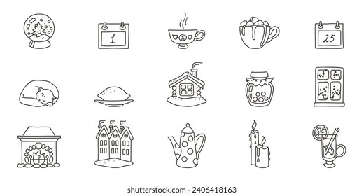 Winter time icon set. Doodle illustrations of winter cozy symbols such as coffee cup, marshmallows, candle, fireplace etc. isolated on a white background. Vector 10 EPS.