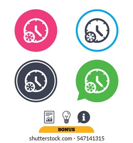 Winter time icon. Snowy cold day sign. Daylight saving time with snowflake symbol. Report document, information sign and light bulb icons. Vector