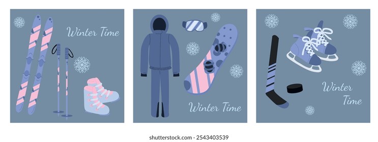 Winter time illustrations. Winter sports hockey ice skating, skiing, and snowboarding. Set of equipment skates, ski, poles, boots, snowboard with suit, glasses, puck and stick. Vector flat