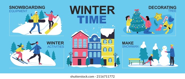 Winter time infographics layout with snowboarding equipment make snowman christmas decorating tree winter activities sections flat vector illustration