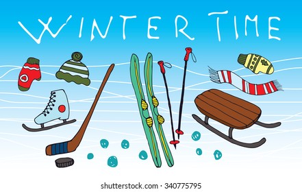 Winter time inscription with sport equipment doodle. Isolated hand drawn vector illustration