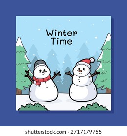 Winter time Instagram post design featuring two cute snowmen wearing winter hats and scarves in a snowy pine forest. Flat pastel cartoon illustration style, perfect for social media posts, winter promotions, holiday content, festive campaigns, and seasonal Instagram feeds.
