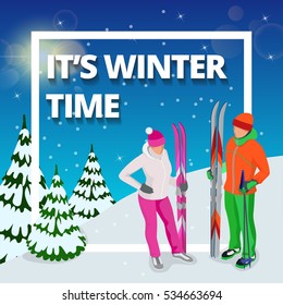 Its Winter time! Isometric Skiers. Activities people. Isolated elements. Winter sport illustration for your design.