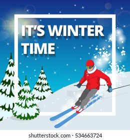 Its Winter time! Isometric Skiers. Activities people. Isolated elements. Winter sport illustration for your design.