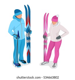 Its Winter time! Isometric Skiers. Activities people. Isolated elements. Winter sport illustration for your design.