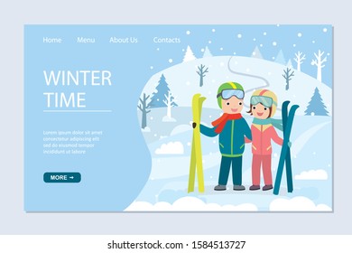 Winter time landing page template. Cartoon couple hold skis in hands. Happy people enjoying winter vacation. Ski equipment. Cute sport humans characters outdoors. Flat vector illustration
