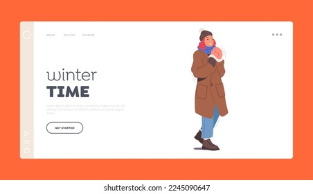 Winter Time Landing Page Template. Freezing Female Character Wrapped in Warm Clothes, Hat, Scarf, Mittens, Boots Shivering due to Low Minus Degrees Temperature on Street. Cartoon Vector Illustration