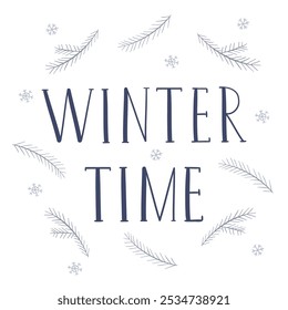 Winter Time lettering black and white illustration with simple branches