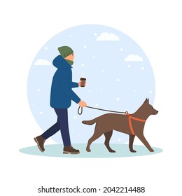 Winter time. Man walks with dog outdoor. Coffee in hand. Vector illustration in flat style