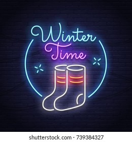 Winter time neon sign. Night party. Happy Merry Christmas. Neon sign, bright signboard, light banner.