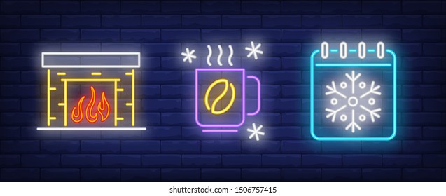 Winter time neon sign set. Fireplace, hot drink, calendar. Vector illustration in neon style, bright billboard for topics like vacation, December holiday, leisure