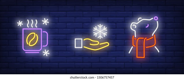 Winter time neon sign set with hot coffee, polar bear in scarf, snowflake on hand. Vector illustration in neon style, bright banner for topics like December holidays, Christmas, frost