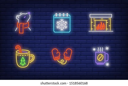 Winter time neon sign set with fireplace, hot coffee, calendar, mitten, bear in scarf. Vector illustration in neon style, bright billboard for topics like vacation, December holiday, leisure