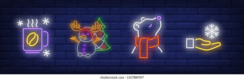 Winter time neon sign set with hot coffee, polar bear in scarf, snowflake on hand. Vector illustration in neon style, bright banner for topics like December holidays, Christmas, frost