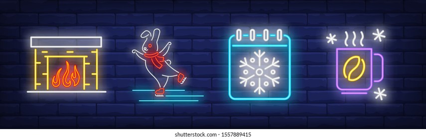 Winter time neon sign set. Fireplace, hot drink, calendar. Vector illustration in neon style, bright billboard for topics like vacation, December holiday, leisure