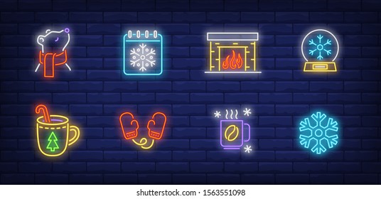 Winter time neon sign set with fireplace, hot coffee, calendar, mitten, bear in scarf. Vector illustration in neon style, bright billboard for topics like vacation, December holiday, leisure