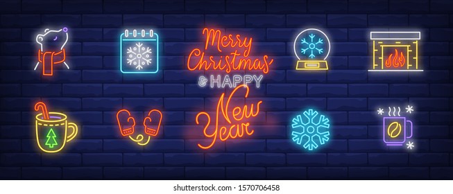 Winter time neon sign set with fireplace, hot coffee, calendar, mitten, bear in scarf. Vector illustration in neon style, bright billboard for topics like vacation, December holiday, leisure