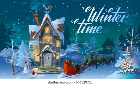 Winter time. Night of Christmas, the Family house before a holiday. An illustration for a card. New Year's poster.