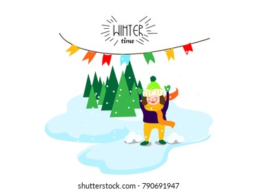 Winter time on snow in nature. Cheerful kid enjoining in snow games.