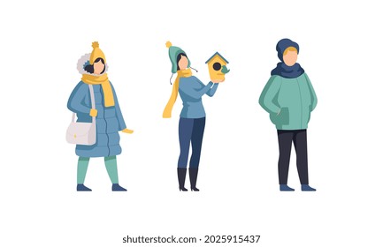 Winter Time Outdoor Activities Set, People in Winter Season Outfit Spending Time Outdoors Flat Vector Illustration