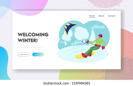 Winter Time Outdoors Resort Activity, Sports Recreation, Adventure Website Landing Page. Sportsman Snowboarder Holding Kite Riding Fast by Icy Surface Web Page Banner. Cartoon Flat Vector Illustration