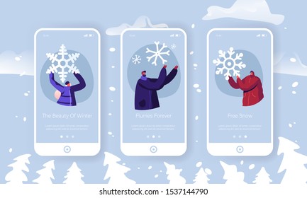 Winter Time Outdoors Spare Time Mobile App Page Onboard Screen Set. Happy People Hold Huge Snowflake Playing with Snow after Snowfall Concept for Website or Web Page, Cartoon Flat Vector Illustration