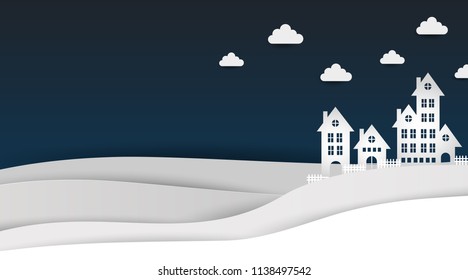 Winter time. Paper town on snow white and a night sky. vector