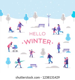 Winter time. People a strolling in the city park. Outdoor activities. Vector illustration.