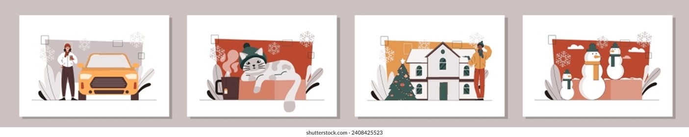 Winter time posters set. New Year and Noel Eve, Christmas season. People near cozy home. Snoowman and cat at present or gift box. Cartoon flat vector collection isolated on grey background