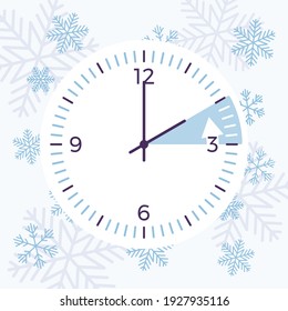 Winter time practice of shifting the clock back. Setting the clocks during cold month. Vector creative stylized illustration, beautiful icy and snowflake design