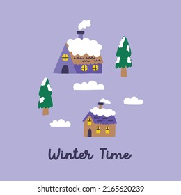 Winter time print snowy houses. Christmas rustic village design illustration. Doodle hand drawn naive vector minimalism clipart art