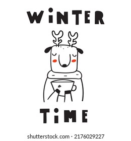Winter time. Reindeer drink coffee. Hand drawn outline illustration.