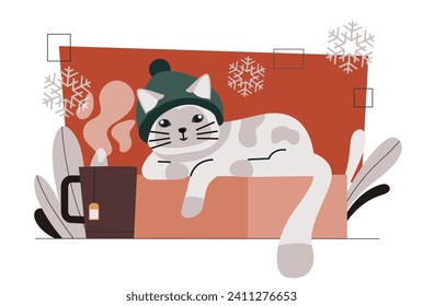 Concepto de escena de invierno. Gato con sombrero verde en la caja de cartón. Año Nuevo y Navidad, Noel Eve. Elemento gráfico para el sitio web. Dibujo vectorial plano de dibujos animados aislado en fondo blanco