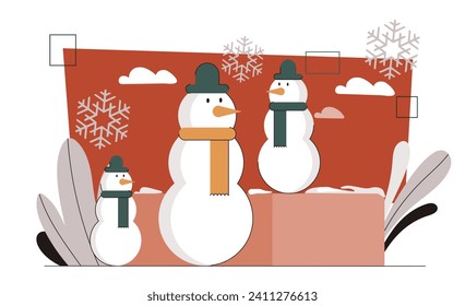 Winter time scene concept. Snowmen in green scarfs and hats. New Year and Christmas season, Noel Eve. Template and layout. Cartoon flat vector illustration isolated on white background