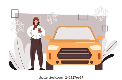 Winter time scene concept. Woman in warm clothes near yellow car. New Year and Christmas season, Noel Eve. Poster or banner. Cartoon flat vector illustration isolated on white background