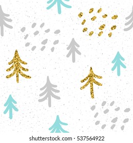 Winter time seamless pattern background. Hand drawn blue, gold, grey spruce isolated on white for card, invitation, album, sketch book, scrapbook, holiday wrapping paper, textile fabric, garment etc