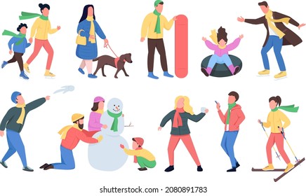 Winter time semi flat color vector character set. Posing figures. Full body people on white. Family fun isolated modern cartoon style illustration for graphic design and animation collection