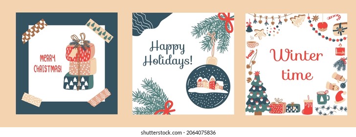 Juego de tarjetas de Navidad. Cajas de regalo, abeto, guirnalda, pan de jengibre, dulces, juguetes. Hora de invierno. Ideal para afiches, para Feliz Año Nuevo. Ilustración del vector 