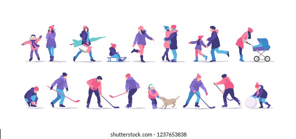 Winter time. Set of people strolling. Outdoor activities. Vector illustration.