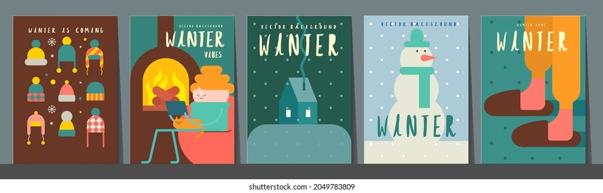 Winter time. Set of vector illustrations. Simple backgrounds. Funny pictures about winter vibe. Collection of banners. 