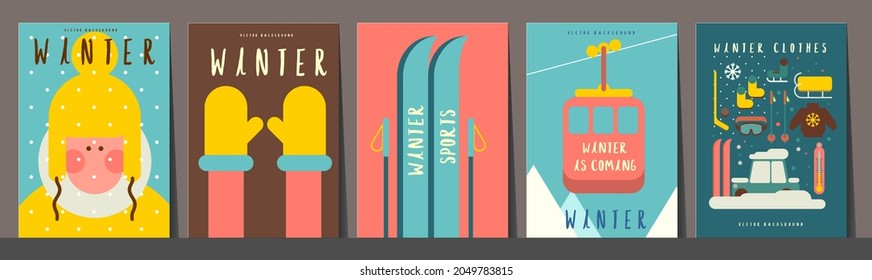 Winter time. Set of vector illustrations. Simple backgrounds. Funny pictures about winter vibe. Collection of banners. 
