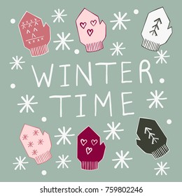 'Winter time' sign with colorful vector mittens.