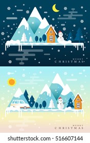 Winter time. Snow mountains, country hotel in forest area, Ski resort infographics