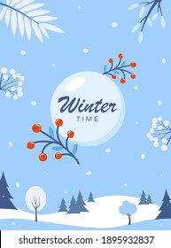 Winter time. Winter social network banner template. Flyer with winter landscape snowy background. Vector illustration