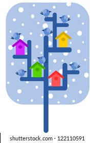 Winter time - sparrows and colourful bird feeders on the tree.