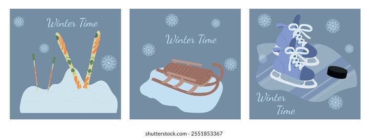 Winter time spending. Winter sport activities pair of ski poles in the snow, wooden sledge and pair of skates with puck on blue background. Hand drawn vector illustration in flat style