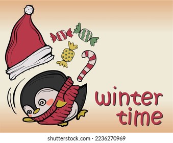 Winterzeittext mit einer Pinguin-Grußkartenkomposition Vorlage für Feierabbildungen