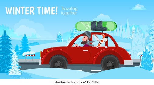 Winter time! Traveling together. A man and his dog riding in the car on the road and carry a snowboard and boots