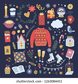 Winter time vector graphic illustrations on dark background. Christmas illustrations and doodle hygge elements