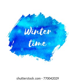 Winter time. Vector hand paint blue watercolor texture with snowflakes isolated on white background. Ink dry brush stains, strokes, splash, smudge. Merry Christmas and Happy New Year poster design.